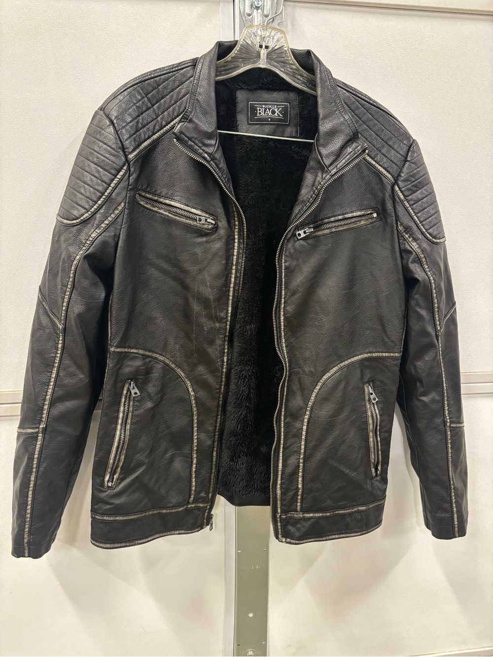 Buckle Black Quilted-Shoulder Faux Leather Bomber Jacket